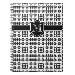 Caderno Espiral Preto em Tapeçaria Branca de Melo Galês