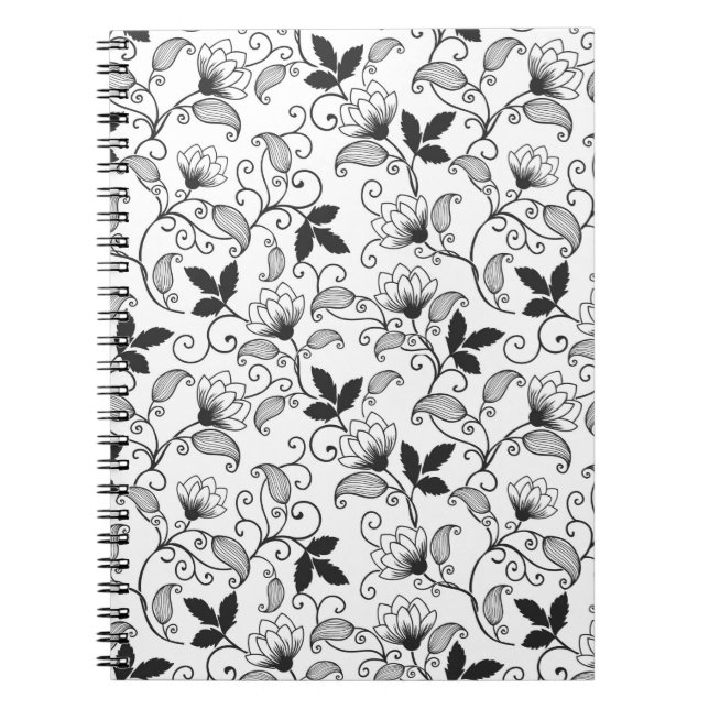 Caderno Espiral Preto Floral no Fundo Branco (Frente)