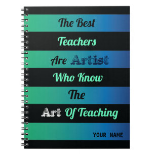 Caderno Espiral preto listrado sobre a citação de fundo azul-verde