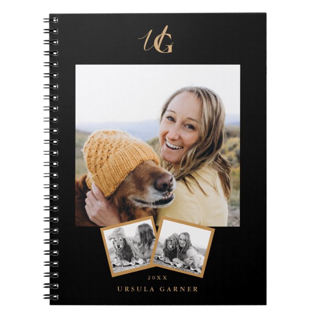Caderno Espiral Preto Moderno Dourado Monogramado (Frente)