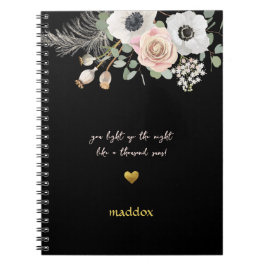 Caderno Espiral Preto Personalizado e Rosa Floral