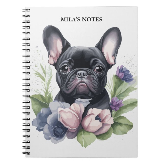 Caderno Espiral Preto Personalizado Francês Pug Cachorro Aquarela (Frente)