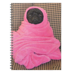 Caderno Espiral Preto Pug em um cobertor rosa