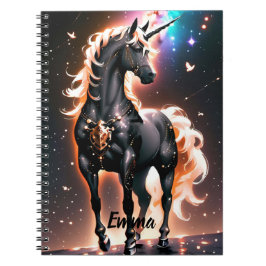 Caderno Espiral Preto Unicorn com Script Dourado de Nome Personali