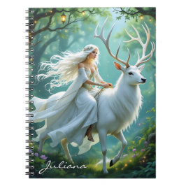 Caderno Espiral Pretty Fairy and White Deer in Enchanted Forest