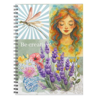 Caderno Espiral Pretty girl closing eyes Watercolor collage art