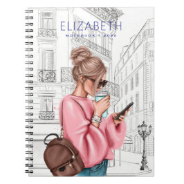 Caderno Espiral Pretty Girl with Coffee and Phone in Paris