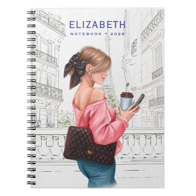 Caderno Espiral Pretty Girl with Coffee in Paris (Frente)