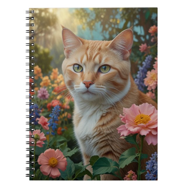 Caderno Espiral Pretty white orange cat in floral garden (Frente)