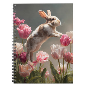 Caderno Espiral Primavera Bunny Pulando Tulipas Rosa
