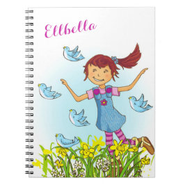 Caderno Espiral Primavera, garota batendo atrás do livro de aves