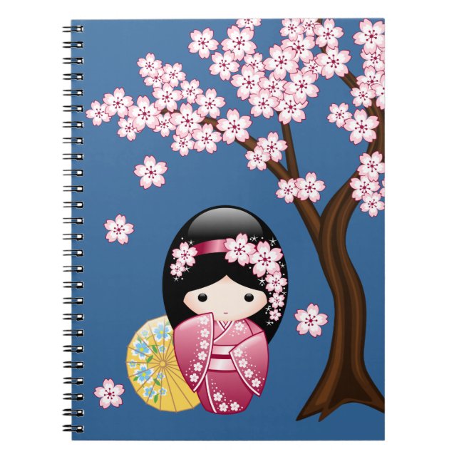 Caderno Espiral Primavera Kokeshi Doll - Bonita Mancha Japonesa em (Frente)