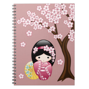 Caderno Espiral Primavera Kokeshi Doll - Bonito Geisha Japonês a 
