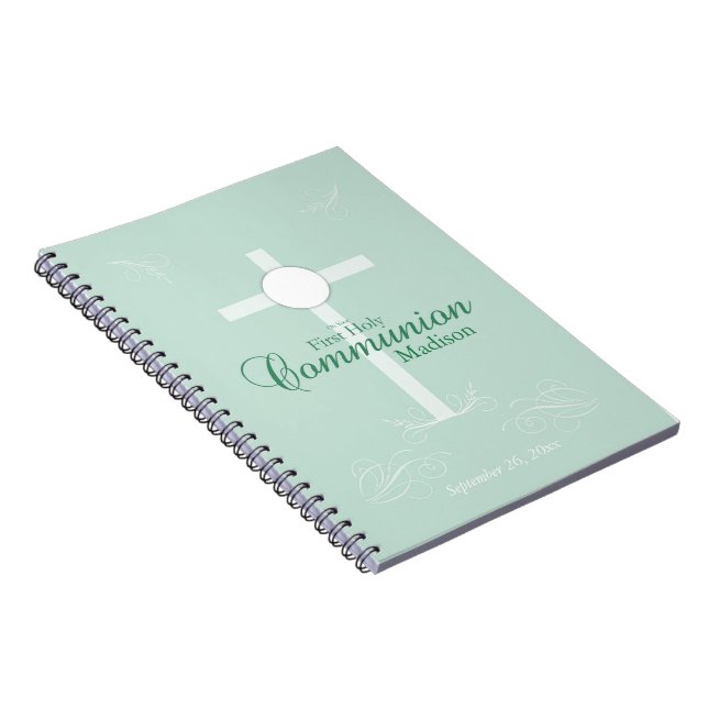 Caderno Espiral Primeira Comunhão, Roteiro em Verde Suave (Lado Direito)