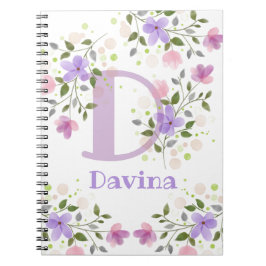 Caderno Espiral Primeira Inicial Mais Nome Davina com Flores