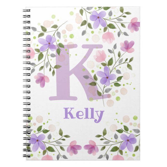 Caderno Espiral Primeira Inicial Mais Nome Kelly com Flores (Frente)