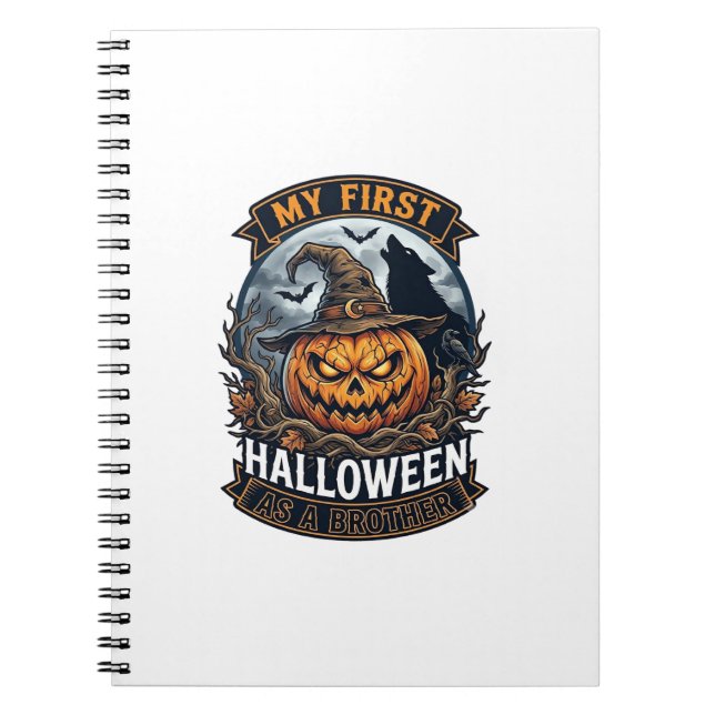Caderno Espiral Primeiro Halloween como Irmão Abóbora Lobo Lua_1 (Frente)