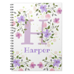 Caderno Espiral Primeiro Nome de Plus Inicial Harper com Flores