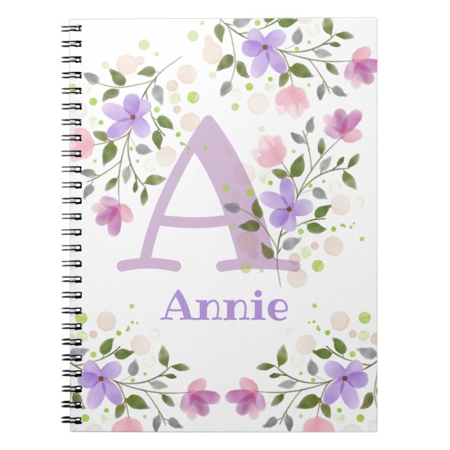 Caderno Espiral Primeiro Nome Inicial Mais Annie com Flores (Frente)