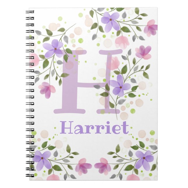 Caderno Espiral Primeiro Nome Inicial Mais Harriet com Flores (Frente)
