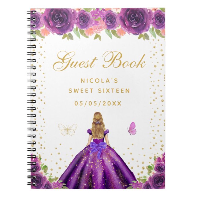 Caderno Espiral Princesa de Cabelo Loiro com Florais Roxos Sweet S (Frente)