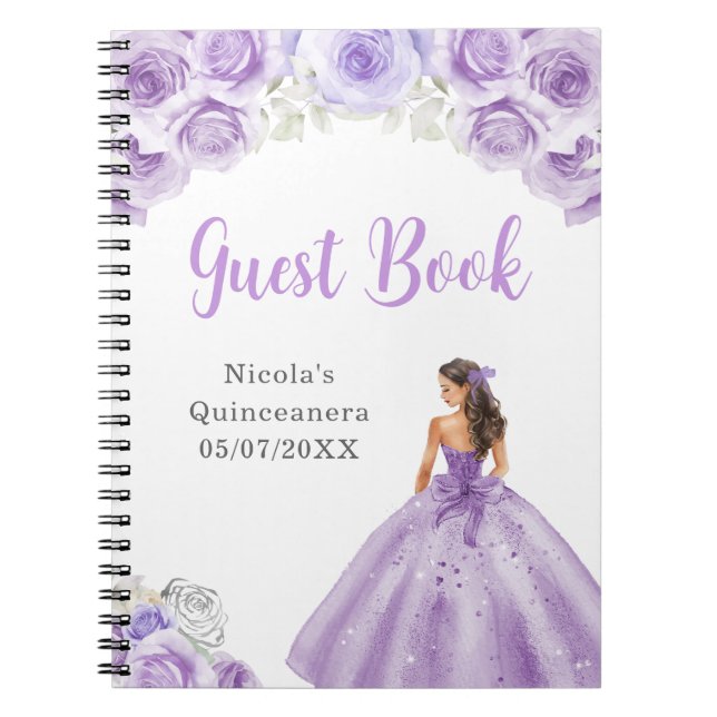 Caderno Espiral Princesa em Dusty Purple Quinceanera Livro de Conv (Frente)