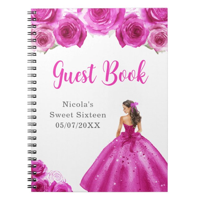 Caderno Espiral Princesa em vestido rosa quente doce 16 livro conv (Frente)