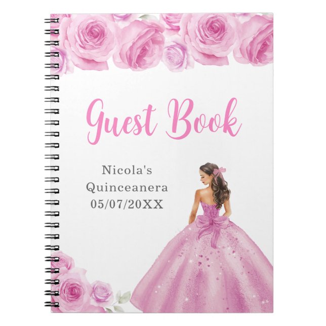 Caderno Espiral Princesa na Rosa claro Quinceanera Guest Book (Frente)