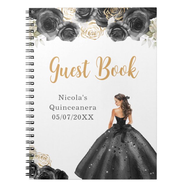 Caderno Espiral Princesa no Vestido Negro Quinceanera Livro de Con (Frente)