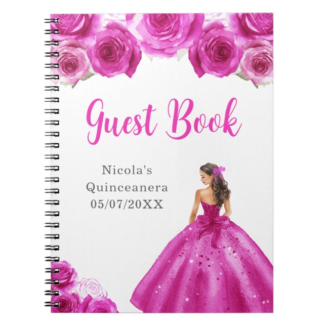 Caderno Espiral Princesa no Vestido Rosa Quente Quinceanera Livro  (Frente)