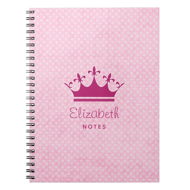 Caderno Espiral Princesa Tiara Coroa em Bolinhas Brancas a Rosa (Frente)