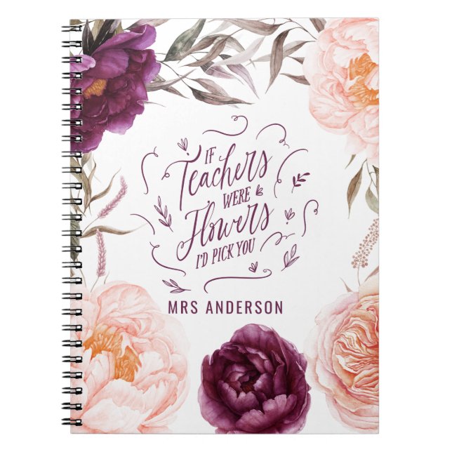 Caderno Espiral professor elegante floral roxo e rosa (Frente)