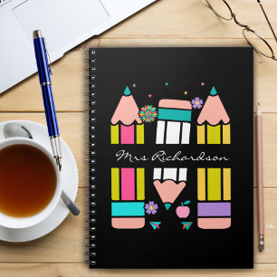 Caderno Espiral Professor nome lápis desenho animado cor preta col