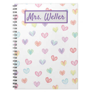 Caderno Espiral Professor personalizado com corações aquarelas