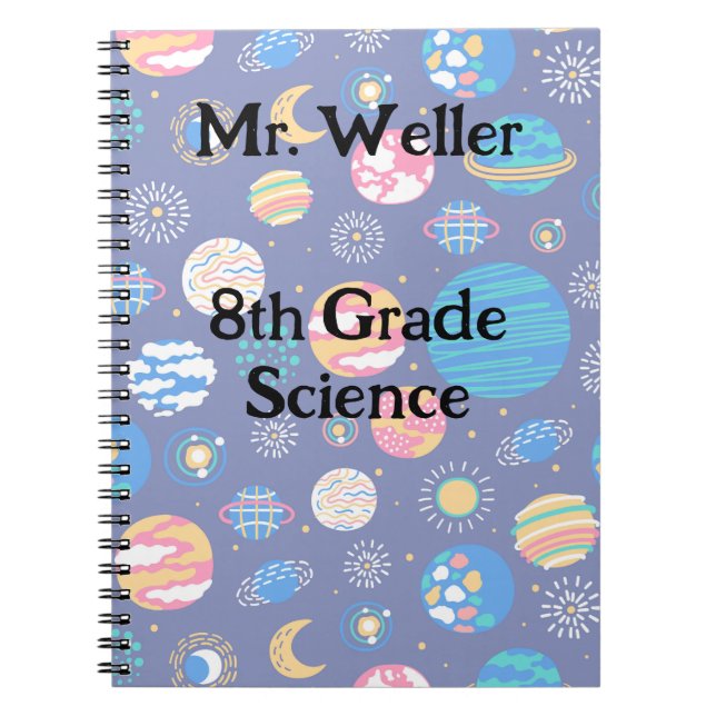 Caderno Espiral Professor personalizado com planetas em azul-marin (Frente)