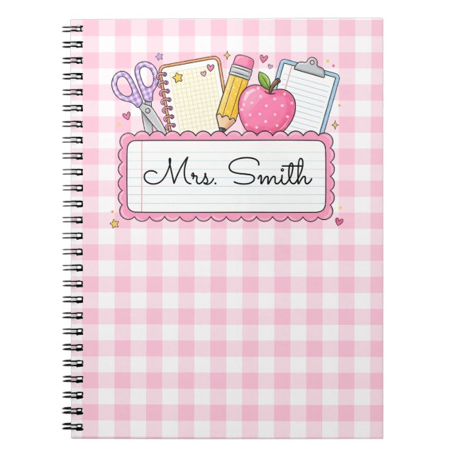 Caderno Espiral Professor Personalizado Xadrez Rosa (Frente)