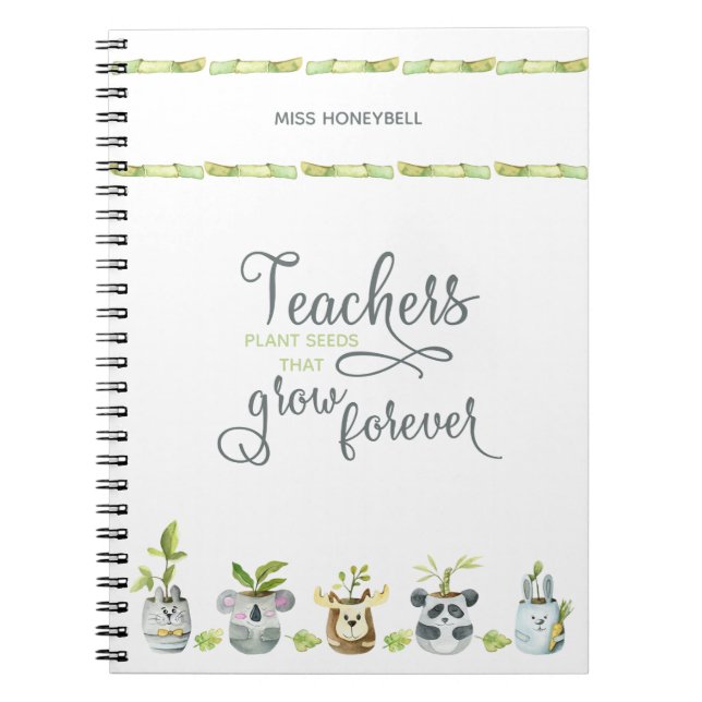 Caderno Espiral Professores Citam Pote de Planta de Animal Fofo (Frente)
