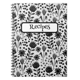 Caderno Espiral Protea Floral Impressão Millefleur preto branco