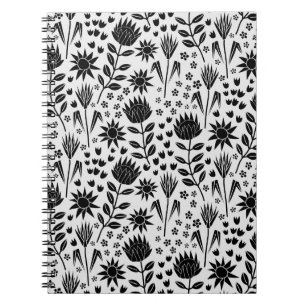 Caderno Espiral Protea Floral Impressão Millefleur preto branco