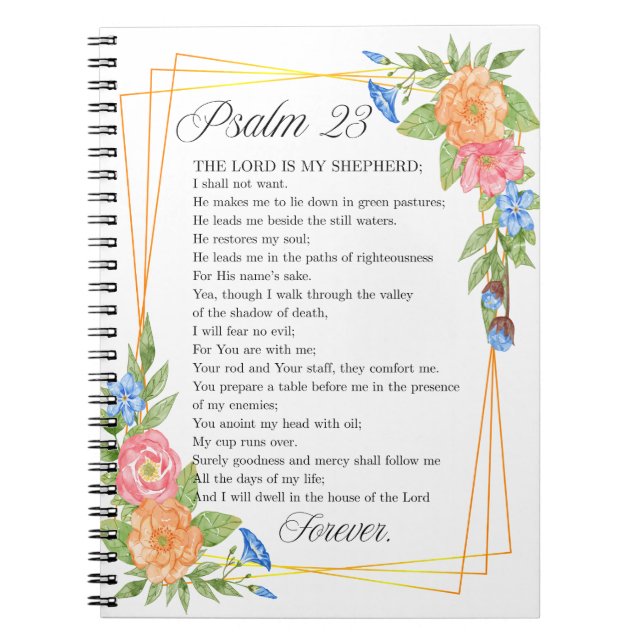 Caderno Espiral Psalm 23 NKJV Watercolor Botanical Bible Scripture (Frente)