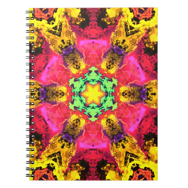 Caderno Espiral Psicodélica Flor Hipopótamo Rosa Amarelo e Verde (Frente)