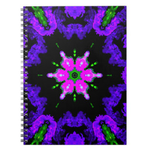 Caderno Espiral Psicodélica Flor Hippie Rosa Púrpura e Verde