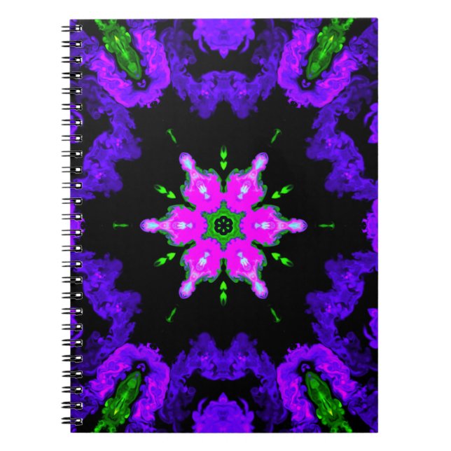 Caderno Espiral Psicodélica Flor Hippie Rosa Púrpura e Verde (Frente)