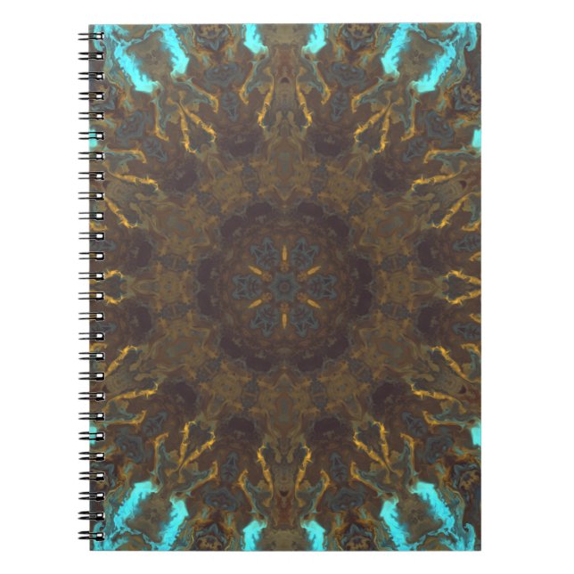 Caderno Espiral Psicodélico Azul Hippie Dourado e Vermelho Escuro (Frente)