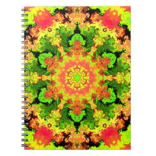 Caderno Espiral Psicodélico Flor de Hippie Verde Laranja e Vermel