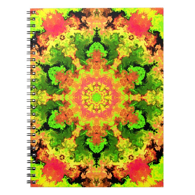 Caderno Espiral Psicodélico Flor de Hippie Verde Laranja e Vermelh (Frente)