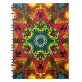 Caderno Espiral Psicodélico Flor de Hippie Verde Vermelho e Laranj