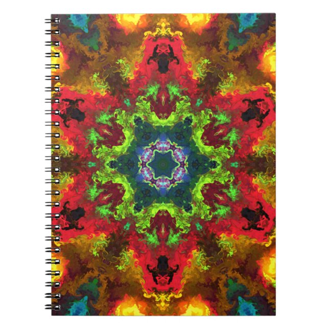 Caderno Espiral Psicodélico Flor de Hippie Verde Vermelho e Laranj (Frente)