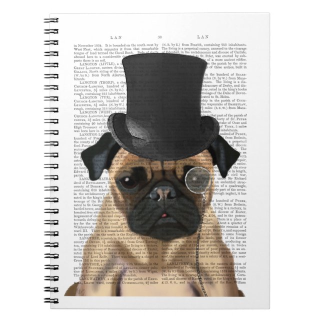 Caderno Espiral Pug, Chapéu Formal e Chapéu (Frente)
