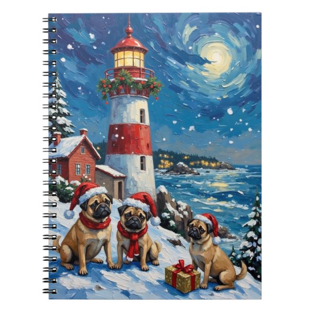 Caderno Espiral Pug Christmas Lighthouse Holiday (Frente)